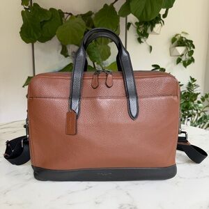 COACH Hamilton Day Brief F27617 Black Saddle Tan Leather Laptop Messenger Bag
